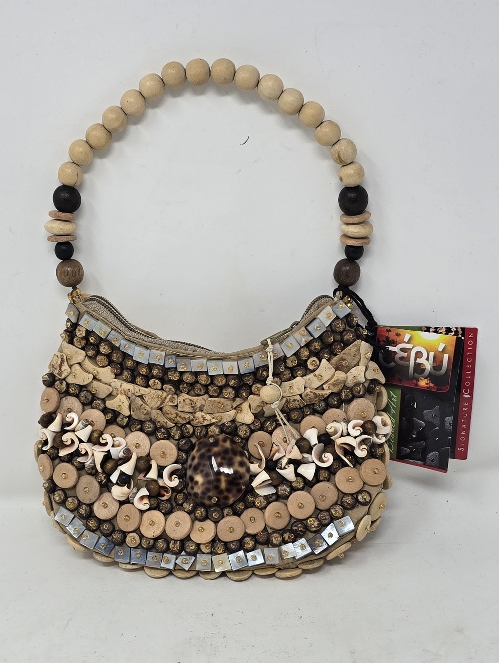 Cebu‎ beaded art signature collection natural wood shells handbag purse NWT